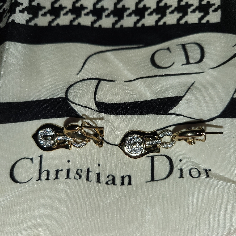 DIOR 🔥RARE🔥 Designed By John Galiano Gold Buckle design✨️ Pavé Earrings 🔥 - Picture 3 of 9
